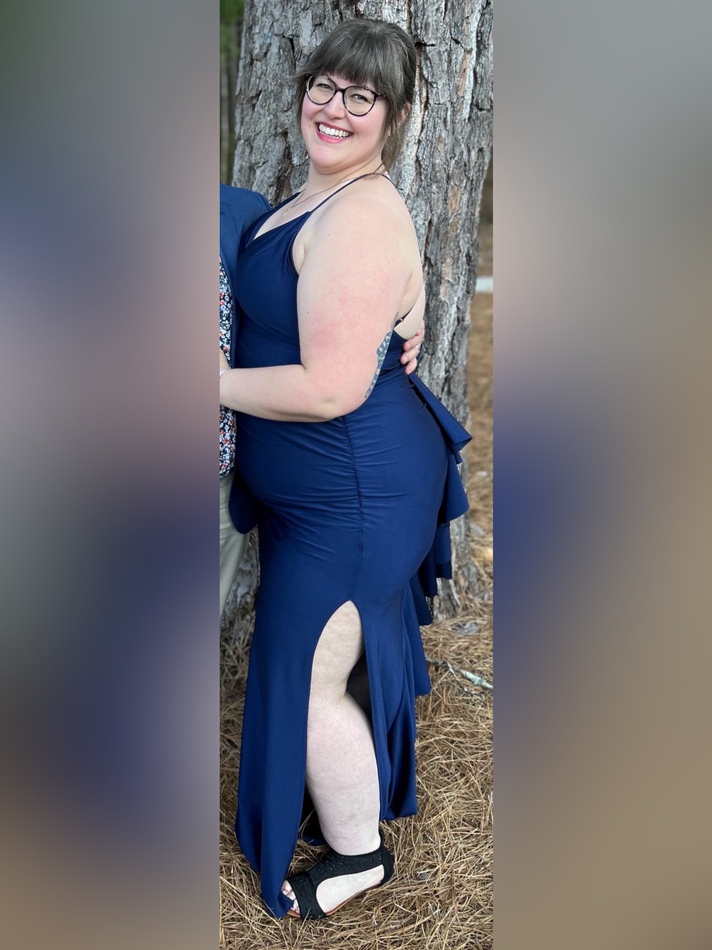 Honey and Rosie Navy V-Neck Spaghetti Strap Maxi Form-Fitting Ruffle Back Dress